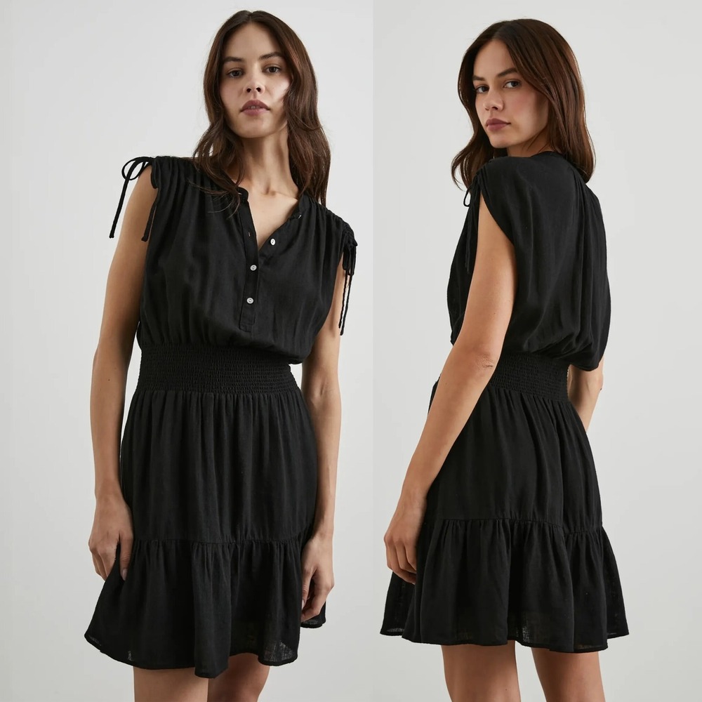 Rails Samina Black Smocked Waist Mini Dress, SMALL Linen Blend LBD Boho Vacation